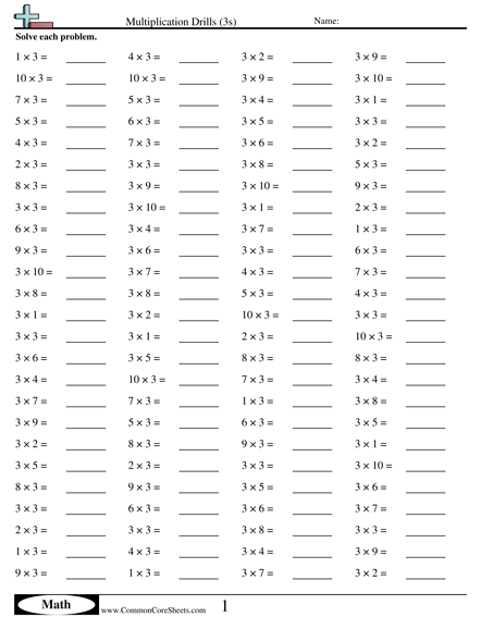 Multiplication Worksheets - 3s (horizontal) worksheet
